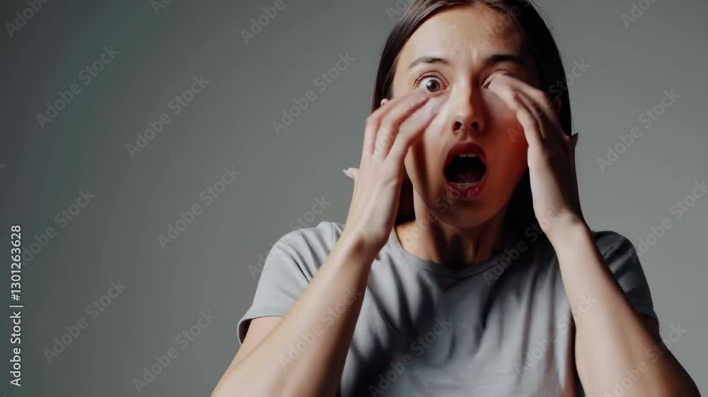 Woman expressing surprise with hands raised in shocked reaction Woman expressing surprise with hands raised in shocked reaction