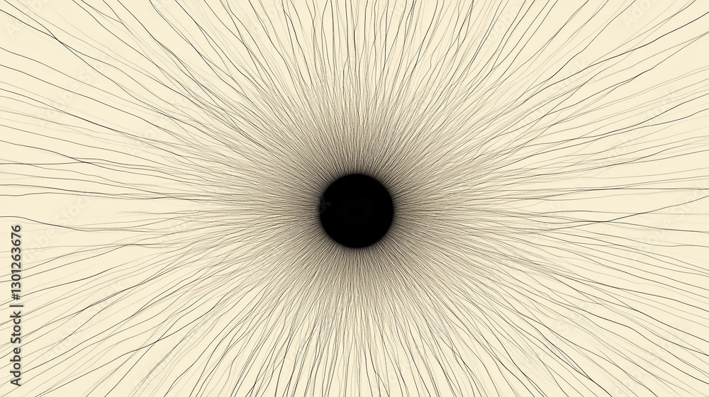 Obraz premium Abstract illustration featuring lines radiating from a central black circle, creating a dynamic effect that symbolizes energy, movement, or expansion in an artistic design.