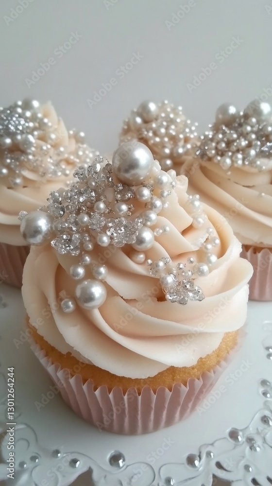 Cupcakes in pink cups, topped with creamy frosting and adorned with pearls and silver sprinkles, create a luxurious atmosphere for weddings and special occasions Cupcakes in pink cups, topped with creamy frosting and adorned with pearls and silver sprinkles, create a luxurious atmosphere for weddings and special occasions