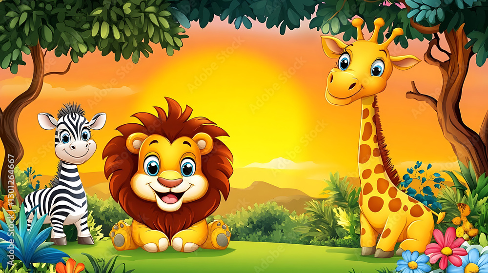 Naklejka premium Cheerful cartoon animals including a lion, giraffe, and zebra in a vibrant sunset setting copy space 