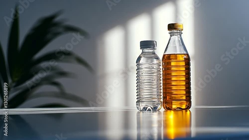 Two plastic bottles on a table, sunlight, plant