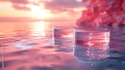 An abstract surreal scene of an empty stage with two clear glass cylinder podiums on a pastel pink holographic background in water. These pedestals are perfect for showcase cosmetic product packaging