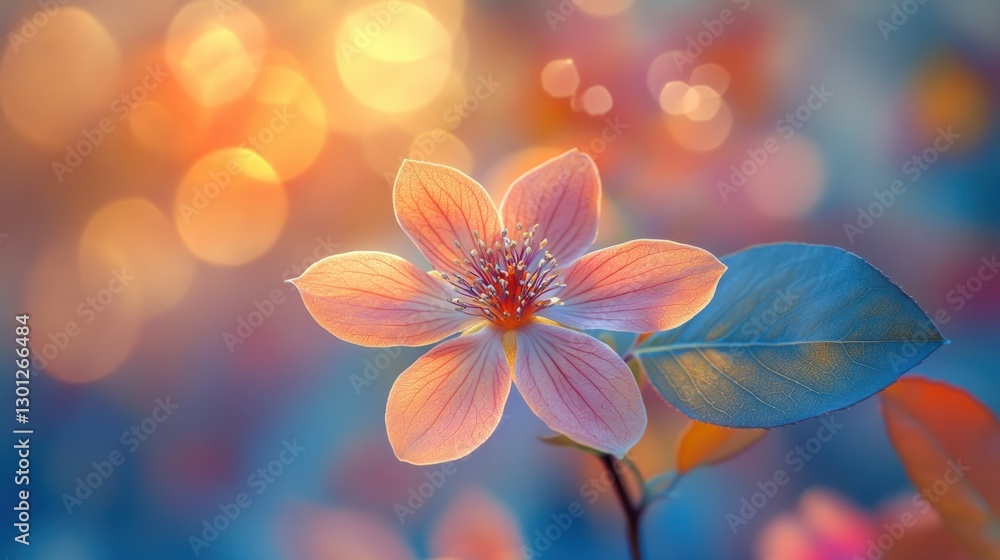 A delicate pink flower with five petals blooms against a soft, blurred background of warm orange and blue bokeh. A delicate pink flower with five petals blooms against a soft, blurred background of warm orange and blue bokeh.