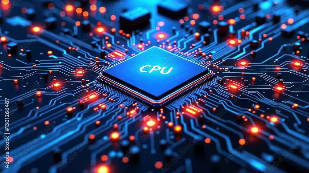 High-tech glowing CPU with intricate circuits and red led lights abstract