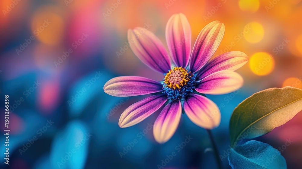 A single pink and white flower with yellow center blooms in a field of blurred greenery and bokeh. A single pink and white flower with yellow center blooms in a field of blurred greenery and bokeh.