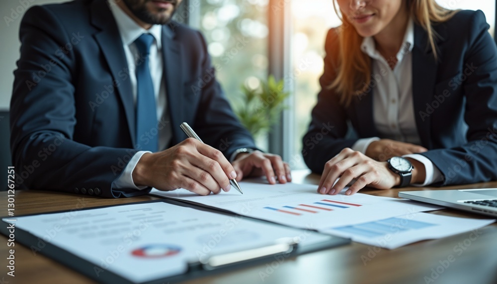 Business negotiation background with two executives in suits discussing financial documents at a boardroom table Business negotiation background with two executives in suits discussing financial documents at a boardroom table