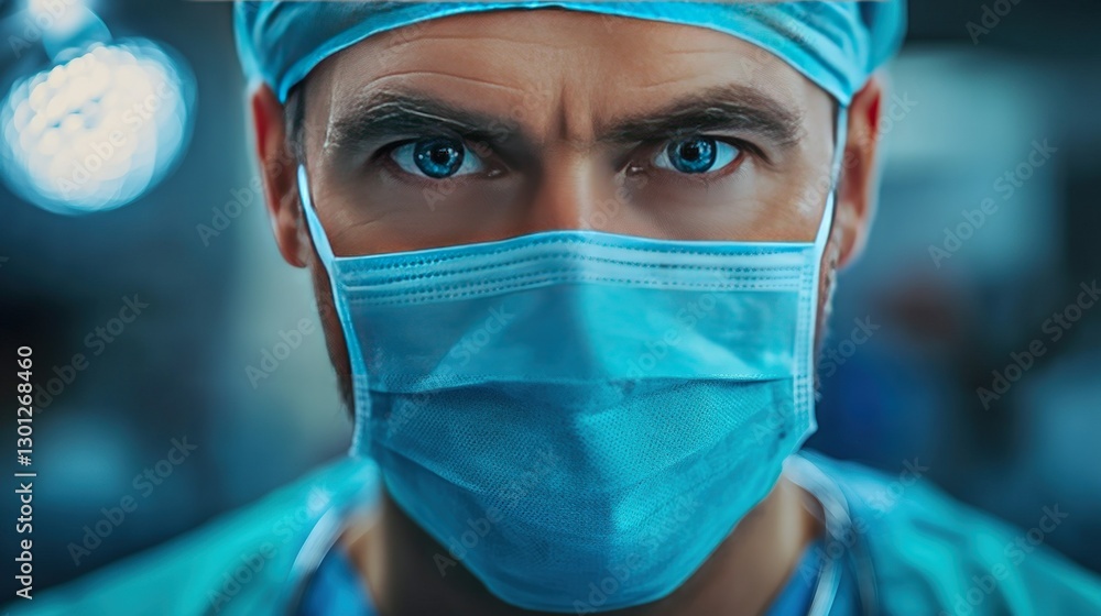 Close-up portrait of a surgeon in a surgical mask and cap, looking intently at the camera with a focused expression. Close-up portrait of a surgeon in a surgical mask and cap, looking intently at the camera with a focused expression.