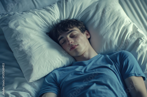 Young man peacefully sleeping in a cozy bedroom with soft lighting and comfortable bedding