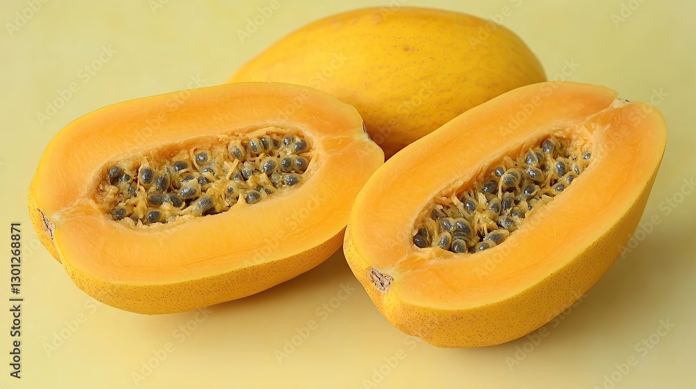 Three ripe papaya fruits, one sliced in half, on a yellow background. Three ripe papaya fruits, one sliced in half, on a yellow background.
