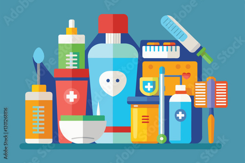 A collection of colorful oral care products including toothpaste, brushes, and mouthwash displayed together, Oral care Customizable Flat Illustration