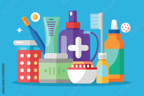 A vibrant display of customizable oral care products arranged on a bright blue background, Oral care Customizable Flat Illustration