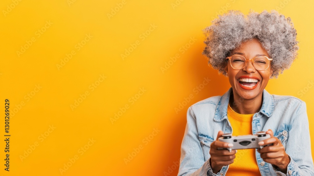 Joyful Gamer: A portrait of an elderly woman immersed in a game. She's smiling broadly and laughing with joy as she plays, showcasing her enthusiasm for digital entertainment. Joyful Gamer: A portrait of an elderly woman immersed in a game. She's smiling broadly and laughing with joy as she plays, showcasing her enthusiasm for digital entertainment.