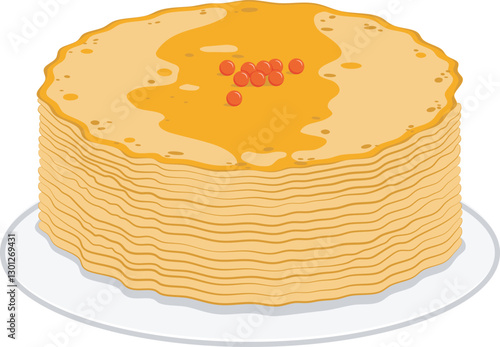 Stack of pancakes with caviar on a plate. Vector element in flat style on transparent background.