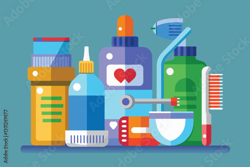 A variety of dental care items are neatly arranged, showcasing their customizable features and accessibility, Oral care Customizable Semi Flat Illustration