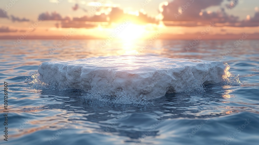 Naklejka premium An empty white square podium on transparent clear calm water with splashes and waves in sunlight.