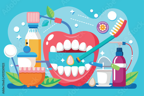 A bright illustration showcases various oral hygiene tools and techniques essential for dental care, Oral hygiene and cleanliness, stomatology,