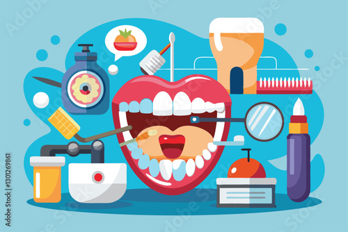 This graphic showcases various dental hygiene tools and habits for maintaining oral cleanliness, Oral hygiene and cleanliness, stomatology,