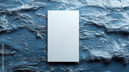 An empty white vertical rectangle A4 poster, business card, or flyer mockup with an overlay of water texture, shadow, and light caustic effect on a trendy dark blue cool background.