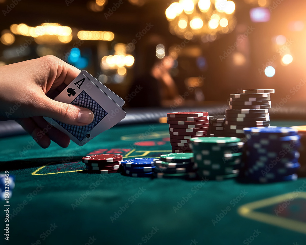 Close-up of a hand holding playing cards at a casino table, with stacks of colorful poker chips, symbolizing gambling, poker, and excitement in a casino environment. Close-up of a hand holding playing cards at a casino table, with stacks of colorful poker chips, symbolizing gambling, poker, and excitement in a casino environment.
