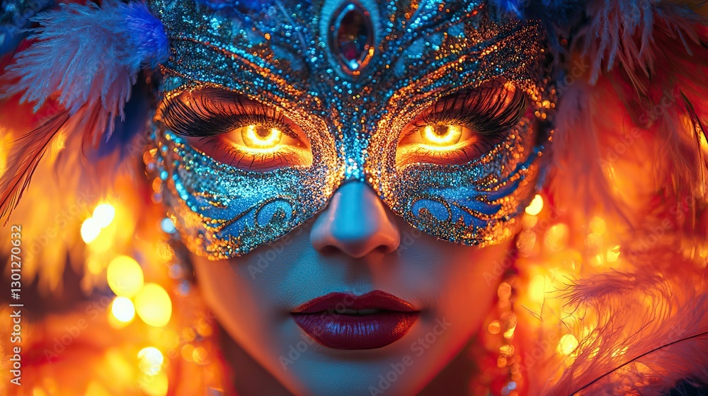 An extravagant Mardi Gras mask with feathers and beads, amidst the lively New Orleans street scene. An extravagant Mardi Gras mask with feathers and beads, amidst the lively New Orleans street scene.