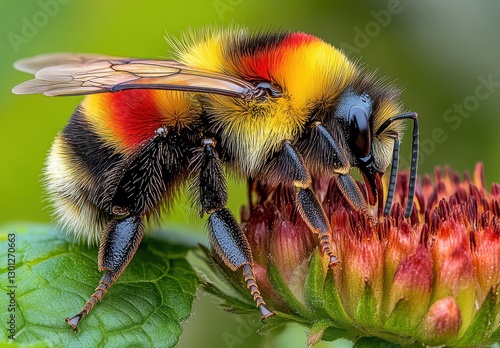 Close-up of a vibrant bumblebee collecting nectar from a colorful flower, showcasing intricate details of the bee and floral beauty in nature's harmony.