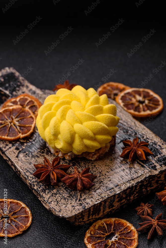 Fototapeta premium Round sweet tart of yellow color with citrus and passion fruit flavor