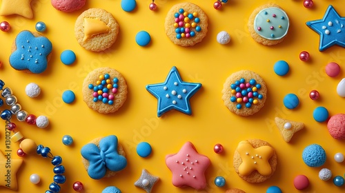 An overhead image captures the Purim holiday spirit, showing filled triangle cookies, Star of David motifs, party masks, a bow tie, decorative beads, and a loud gragger on a sunny yellow canvas