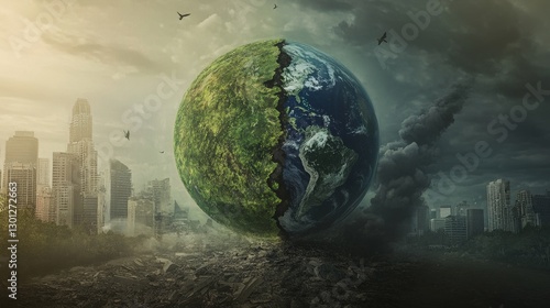 Fototapeta Naklejka Na Ścianę i Meble -  powerful illustration of the Earth, one side lush and green, the other side destroyed by pollution, symbolizing the importance of taking action now