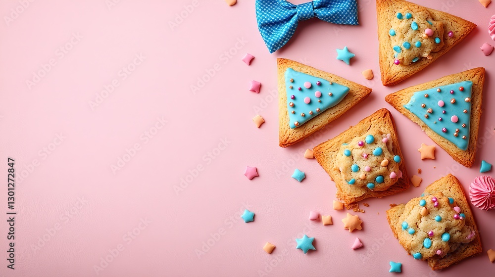 An overhead vertical snapshot of a Purim party invite triangular filled cookies, decorations, party masks, a bow tie blower, and a gragger on a pale pink background with blank space for your text An overhead vertical snapshot of a Purim party invite triangular filled cookies, decorations, party masks, a bow tie blower, and a gragger on a pale pink background with blank space for your text
