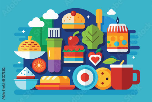 A vibrant collection of customizable food items showcases various dishes, desserts, and beverages in a playful layout, Order food Customizable Flat Illustration