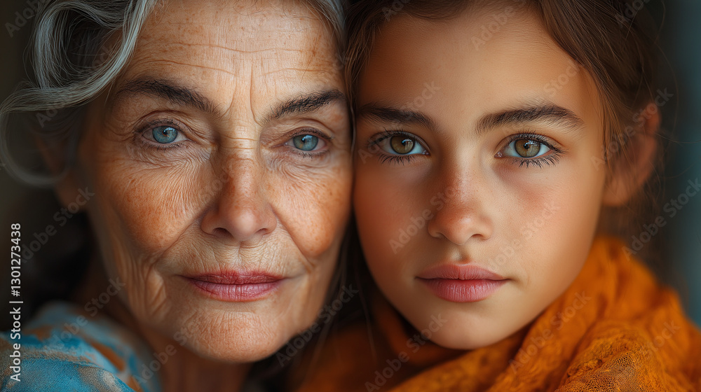 A beautiful connection unfolds as a grandmother and her granddaughter share a warm embrace, their eyes reflecting love and understanding A beautiful connection unfolds as a grandmother and her granddaughter share a warm embrace, their eyes reflecting love and understanding