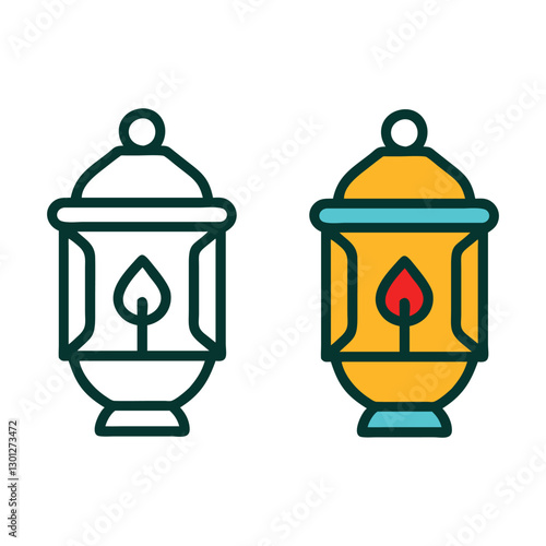 Vintage Lantern Lamp Light Illustration Color and Line art Icon Vector, Islamic Decoration Ornament Icon Set