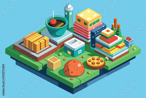 A colorful isometric representation showcases various customizable food options in a lively setting, Order food Customizable Isometric Illustration