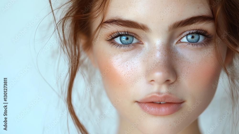A young individual with luminous blue eyes and delicate freckles showcases pure beauty. Their soft expression invites serenity, framed by gentle waves of hair in a calming atmosphere A young individual with luminous blue eyes and delicate freckles showcases pure beauty. Their soft expression invites serenity, framed by gentle waves of hair in a calming atmosphere