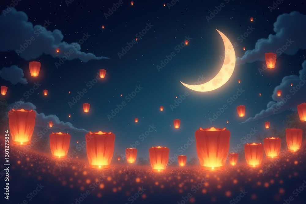 Naklejka premium Ramadan Moonlit Dreams: Floating Lanterns Under a Starry Night