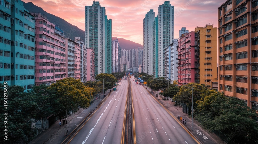 A breathtaking vanishing point perspective of a street between two towering skyscrapers. A breathtaking vanishing point perspective of a street between two towering skyscrapers.