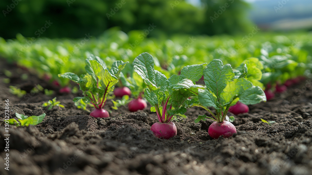 Bright red radishes poke through rich, dark soil in a vibrant garden, bathed in sunshine. Lush green leaves sway gently, heralding the promise of a bountiful harvest ahead Bright red radishes poke through rich, dark soil in a vibrant garden, bathed in sunshine. Lush green leaves sway gently, heralding the promise of a bountiful harvest ahead