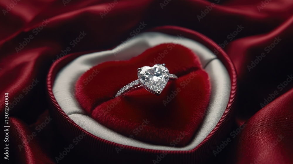 A bright red heart-shaped box opened to reveal a beautiful diamond ring on a silk cloth. A bright red heart-shaped box opened to reveal a beautiful diamond ring on a silk cloth.