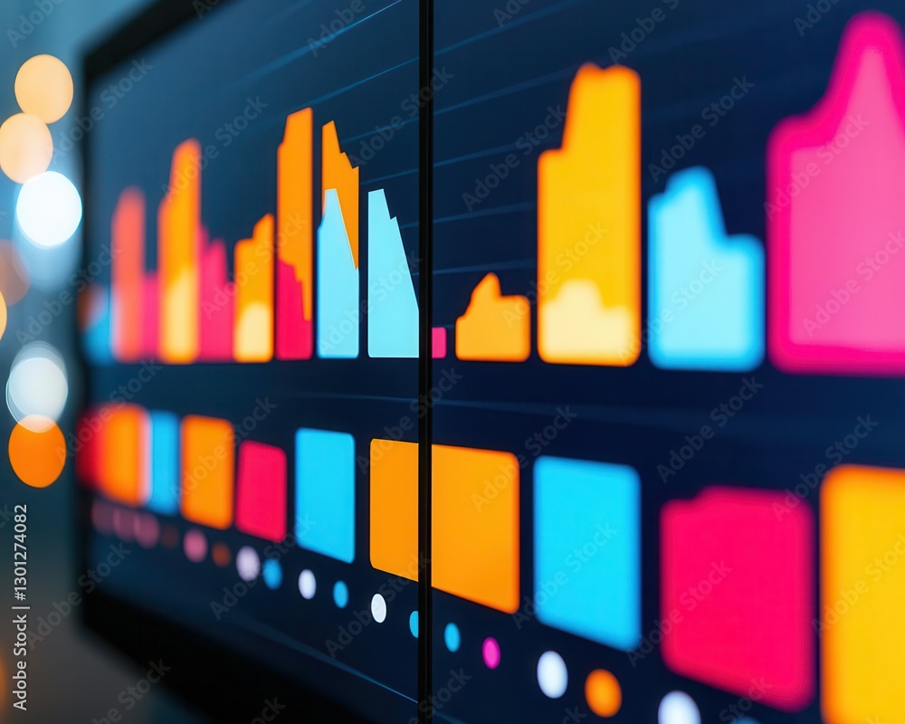 Obraz premium Dynamic visualization of data trends on a large computer screen, marketing research, digital analytics tools