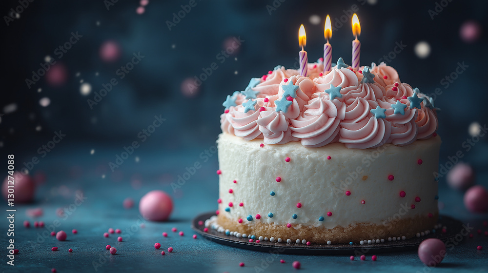 A captivating birthday cake sits elegantly, featuring soft pink frosting, decorative stars, and lit candles A captivating birthday cake sits elegantly, featuring soft pink frosting, decorative stars, and lit candles