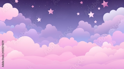 Fantasy cloudscape with pastel tones and star accents against purple sky