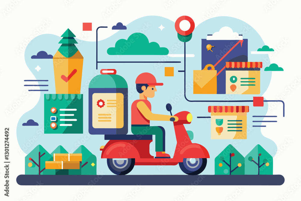 Fototapeta premium A delivery rider on a scooter is shown navigating urban streets, surrounded by order-related graphics, Order ride Customizable Flat Illustration