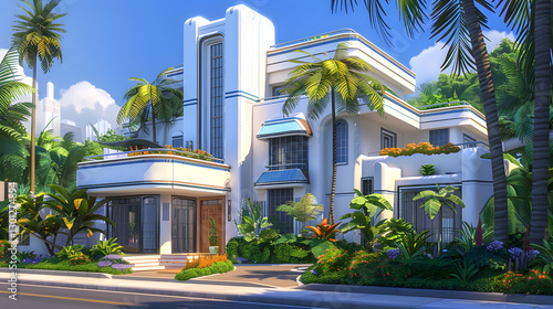 Art Deco-Inspired Home with Geometric Patterns, Bold Colors & Tropical Landscaping