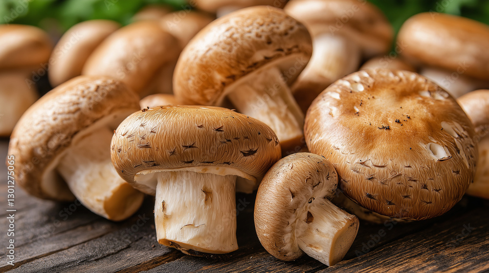 Group of freshly harvested mushrooms sprawled across a rustic wooden table, highlighting their rich textures and earth tones, surrounded by hints of greenery in the background Group of freshly harvested mushrooms sprawled across a rustic wooden table, highlighting their rich textures and earth tones, surrounded by hints of greenery in the background