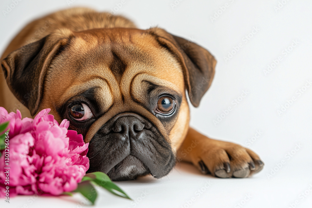 Obraz premium Ginger pug dog, pink peonies bouquet near, studio shot, white background