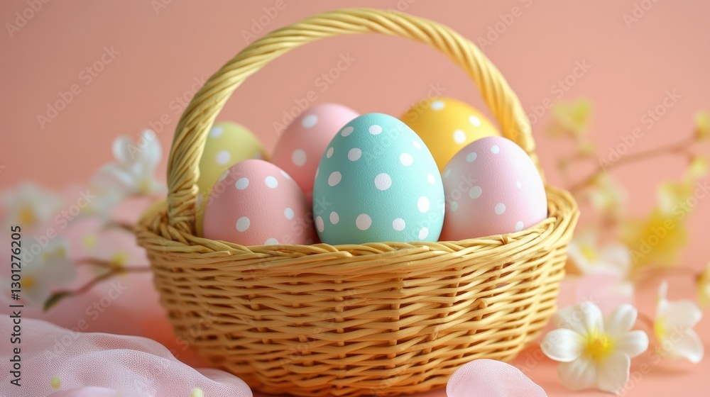 A close-up of a round basket filled with pastel eggs on a textured peach background. A close-up of a round basket filled with pastel eggs on a textured peach background.