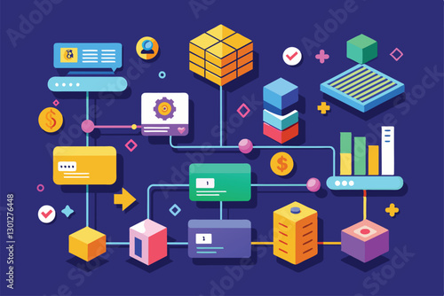 A detailed flowchart showing order transactions with various components, colors, and interconnected processes, Order transactions