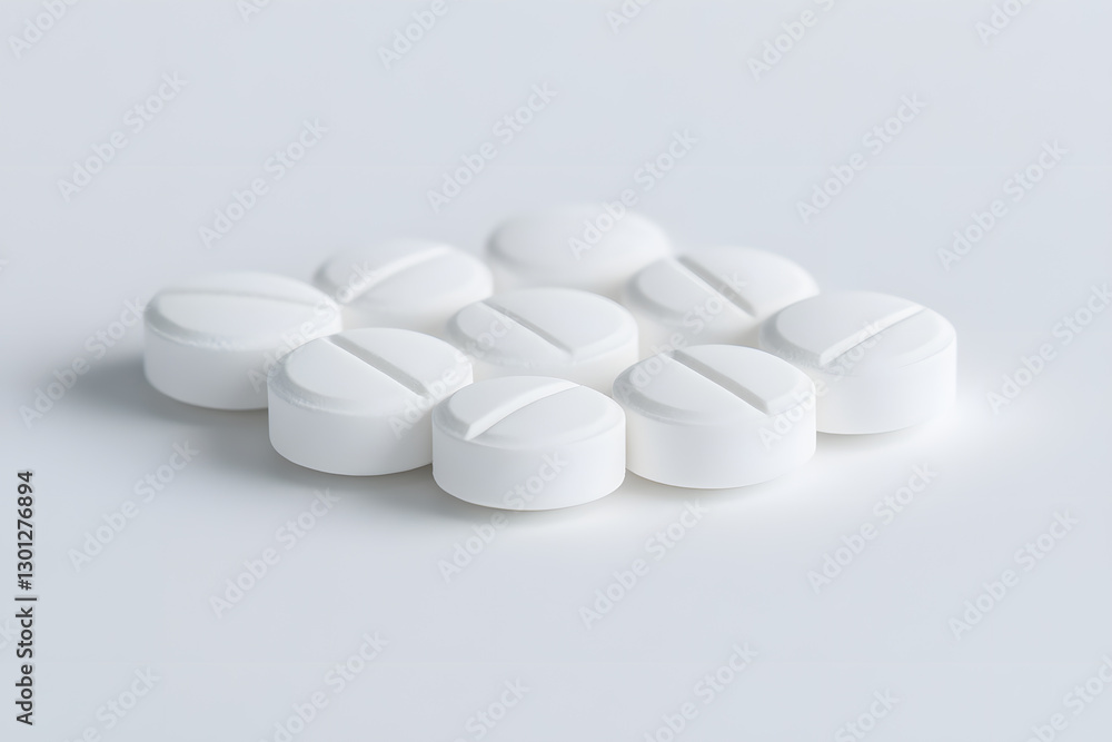 Close-up of medication tablets, focusing on their round shapes and scored design, set against a minimalist white background. Focus on healthcare, wellness. Close-up of medication tablets, focusing on their round shapes and scored design, set against a minimalist white background. Focus on healthcare, wellness.