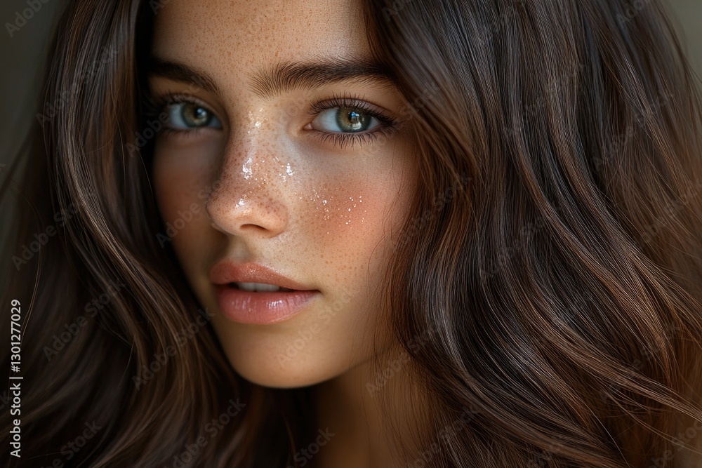 Close-up portrait of a woman with distinctive freckles on her face Close-up portrait of a woman with distinctive freckles on her face