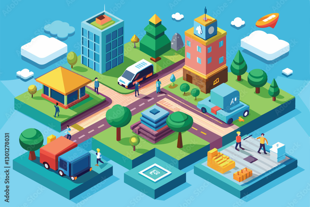 A lively urban setting showcases pedestrians, vehicles, and various structures in a vibrant, isometric style, Ordinary day Customizable Isometric Illustration A lively urban setting showcases pedestrians, vehicles, and various structures in a vibrant, isometric style, Ordinary day Customizable Isometric Illustration